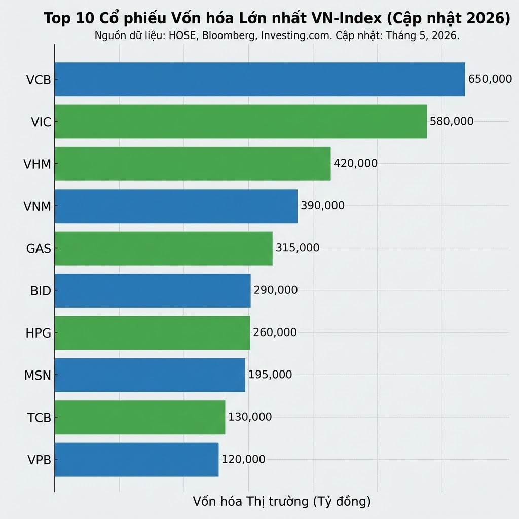 Top 10 cổ phiếu vốn hóa lớn nhất VN-Index