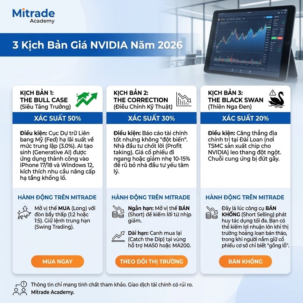 Bản Đồ Chiến Lược: 3 Kịch Bản Giá NVIDIA Năm 2026 và hành động trên Mitrade