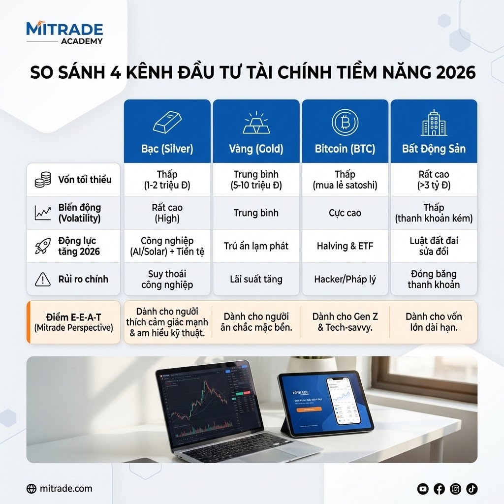 so sánh 4 kênh đầu tư tài chính 2026  Bạc vs. Vàng vs. Bitcoin vs. Bất động sản