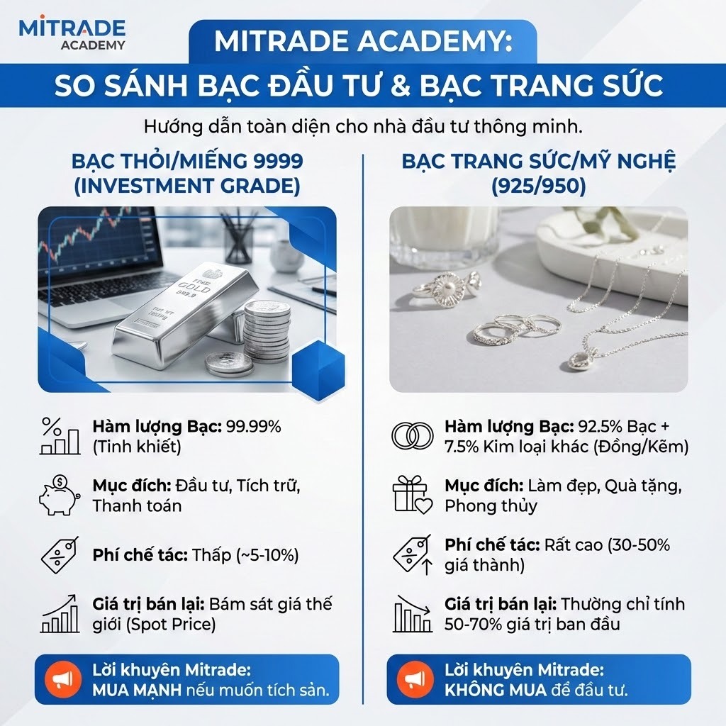 So sánh Chi tiết: Bạc Thỏi 9999 vs. Bạc Trang Sức 925 