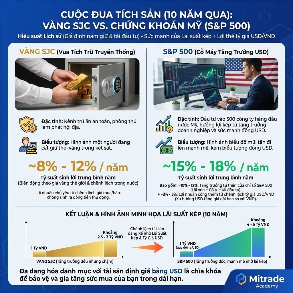 so sánh hiệu suất đầu tư : vàng SJC và chứng khoán mỹ (SP 500)