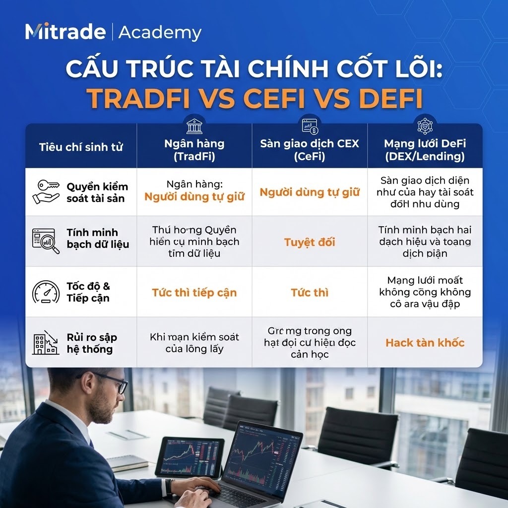 Cấu Trúc Tài Chính Cốt Lõi (TradFi vs CeFi vs DeFi)