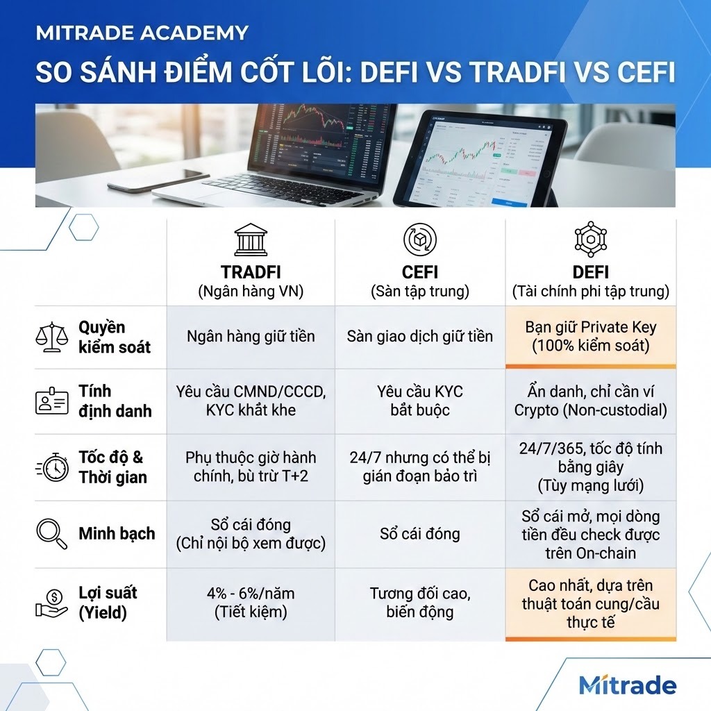 So Sánh Điểm Cốt Lõi - DeFi vs TradFi vs CeFi