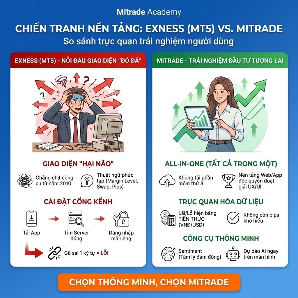  MetaTrader 5 (Exness) vs WebTrader/App Độc Quyền (Mitrade)