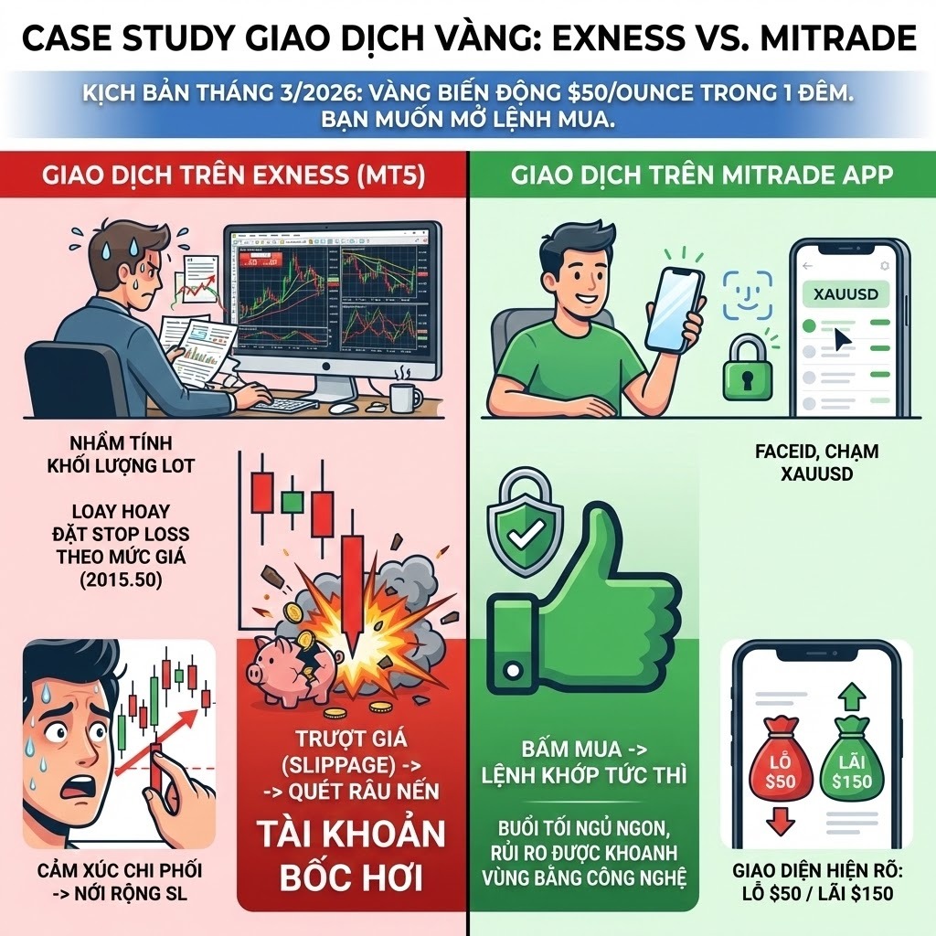 Case Study: Đầu Tư Vàng (XAUUSD) Cùng Mitrade vs Exness