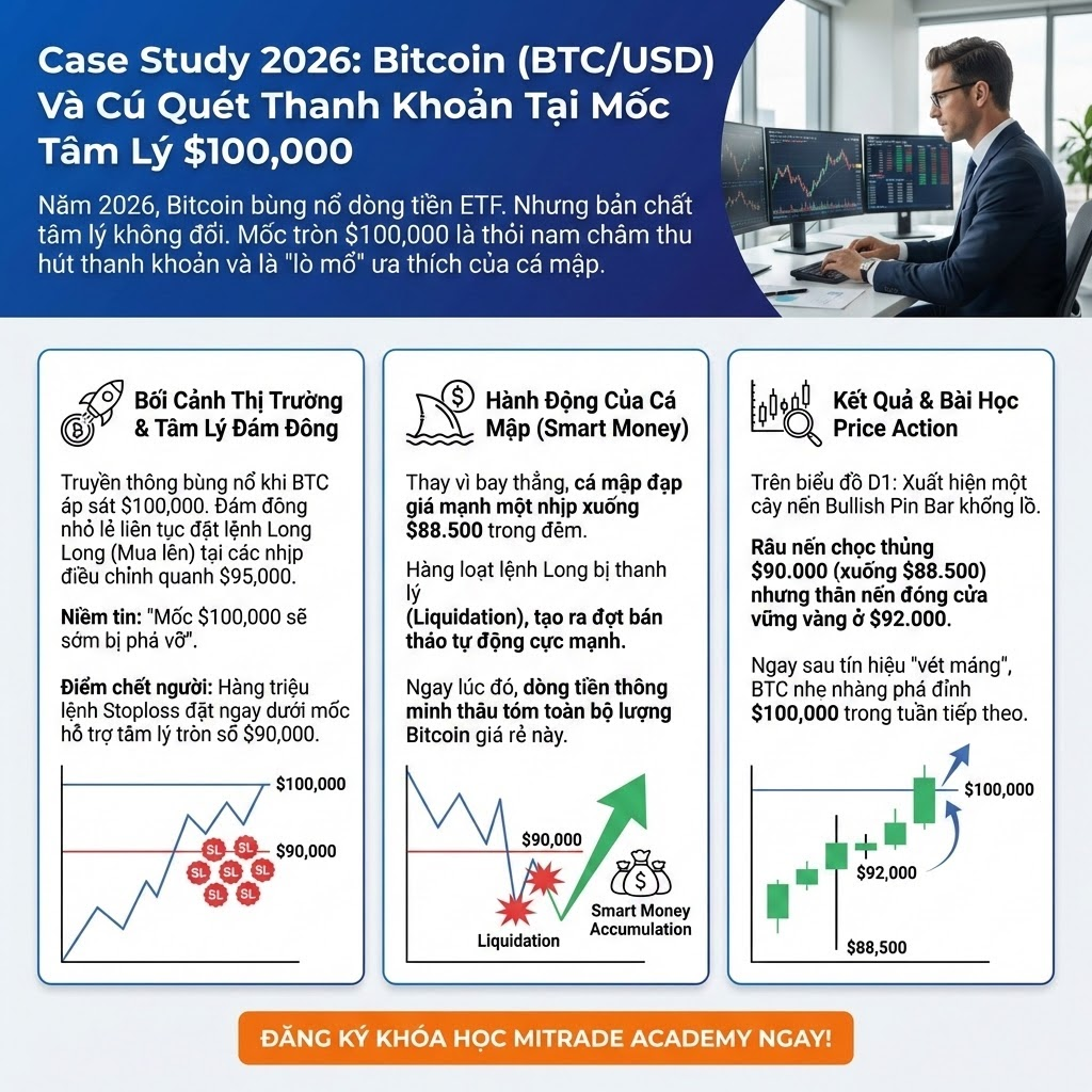 Case Study 2026 – Bitcoin (BTC/USD) Và Cú Quét Thanh Khoản Tại Mốc Tâm Lý $100.000