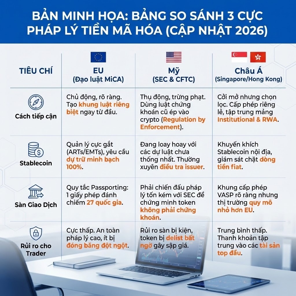 Bảng So Sánh 3 Cực Pháp Lý Tiền Mã Hóa