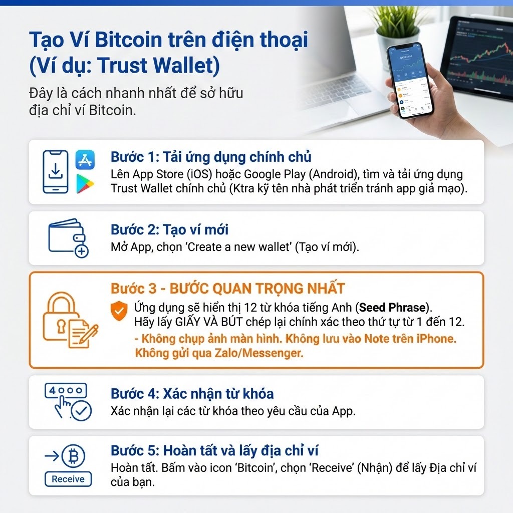 hướng dẫn Tạo Ví Bitcoin trên điện thoại (Ví dụ: Trust Wallet)