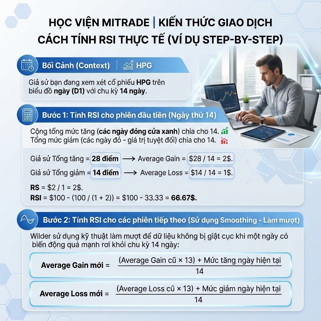 Cách tính RSI thực tế (Ví dụ Step-by-Step)