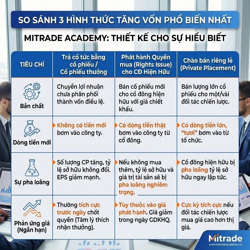 Bảng 1: So sánh 3 hình thức tăng vốn phổ biến nhất