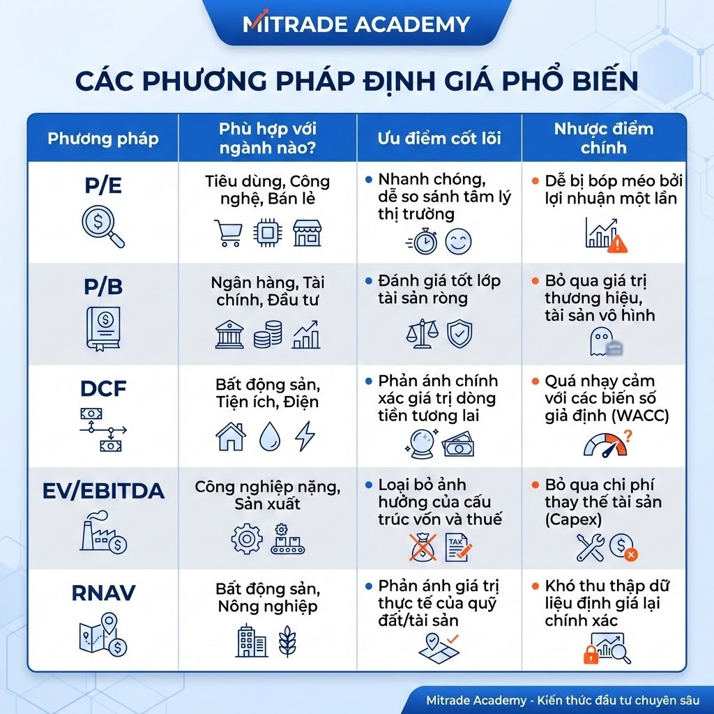 5 phương pháp kinh điển: P/E, P/B, DCF, EV/EBITDA và RNAV.