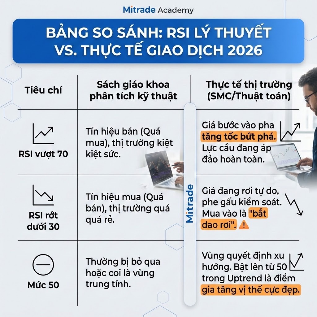 Bảng So Sánh 1: RSI Lý Thuyết vs. Thực Tế Giao Dịch 2026