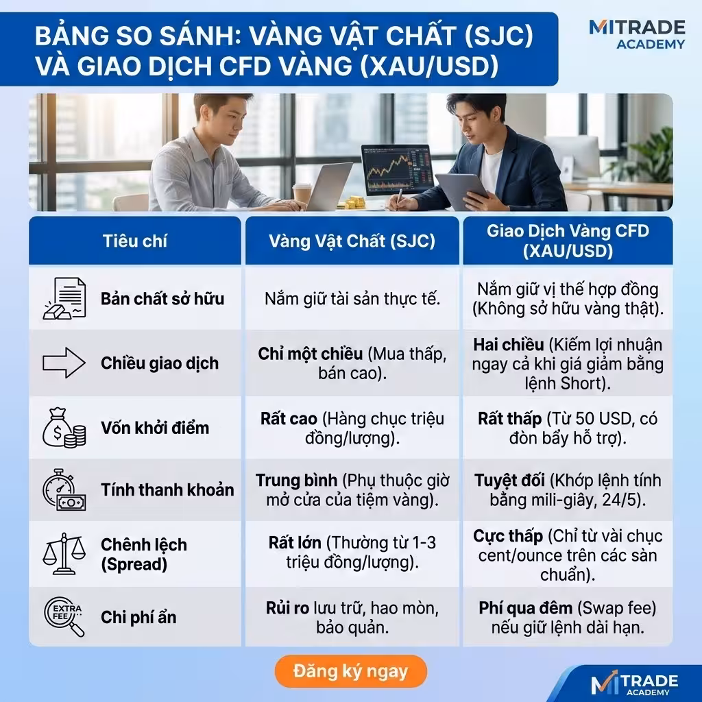 So sánh Vàng vật chất (SJC) và Giao dịch CFD Vàng (XAU/USD)