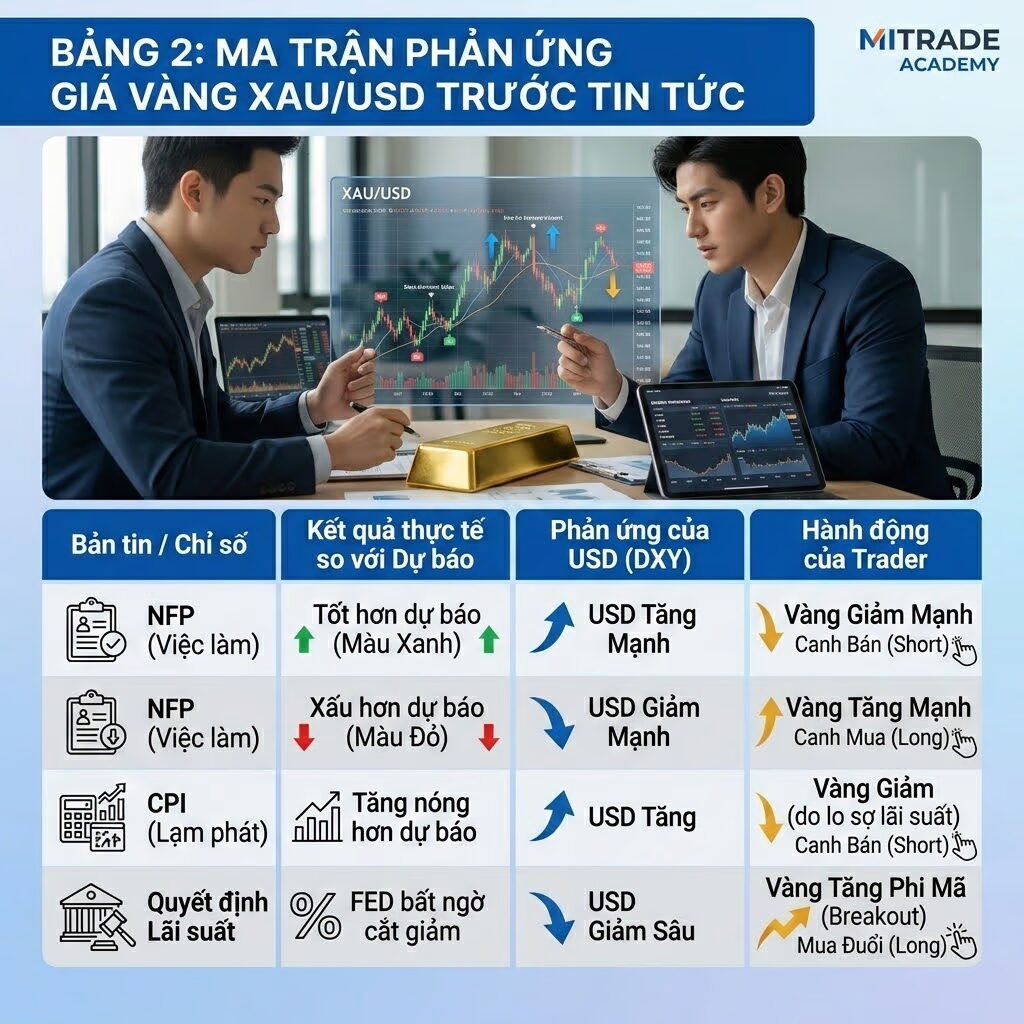 Bảng 2: Ma trận Phản ứng Giá Vàng XAU/USD trước Tin Tức