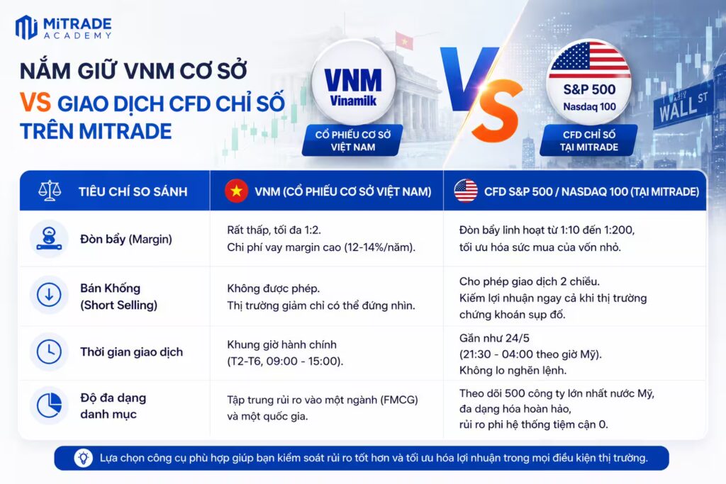 Nắm Giữ VNM Cơ Sở vs Giao Dịch CFD Chỉ Số Trên Mitrade