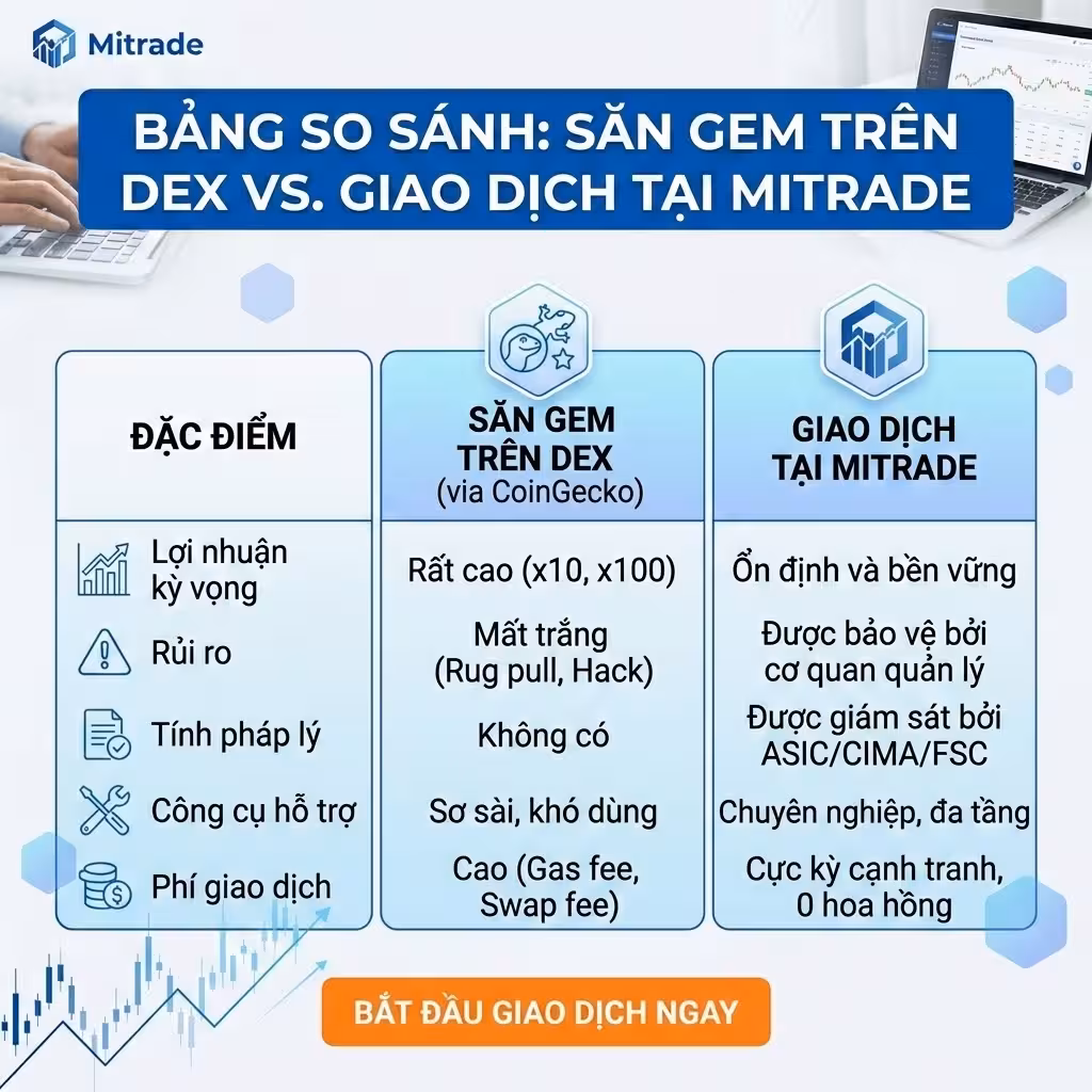  Săn Gem trên DEX vs. Giao dịch tại Sàn quy chuẩn (Mitrade)