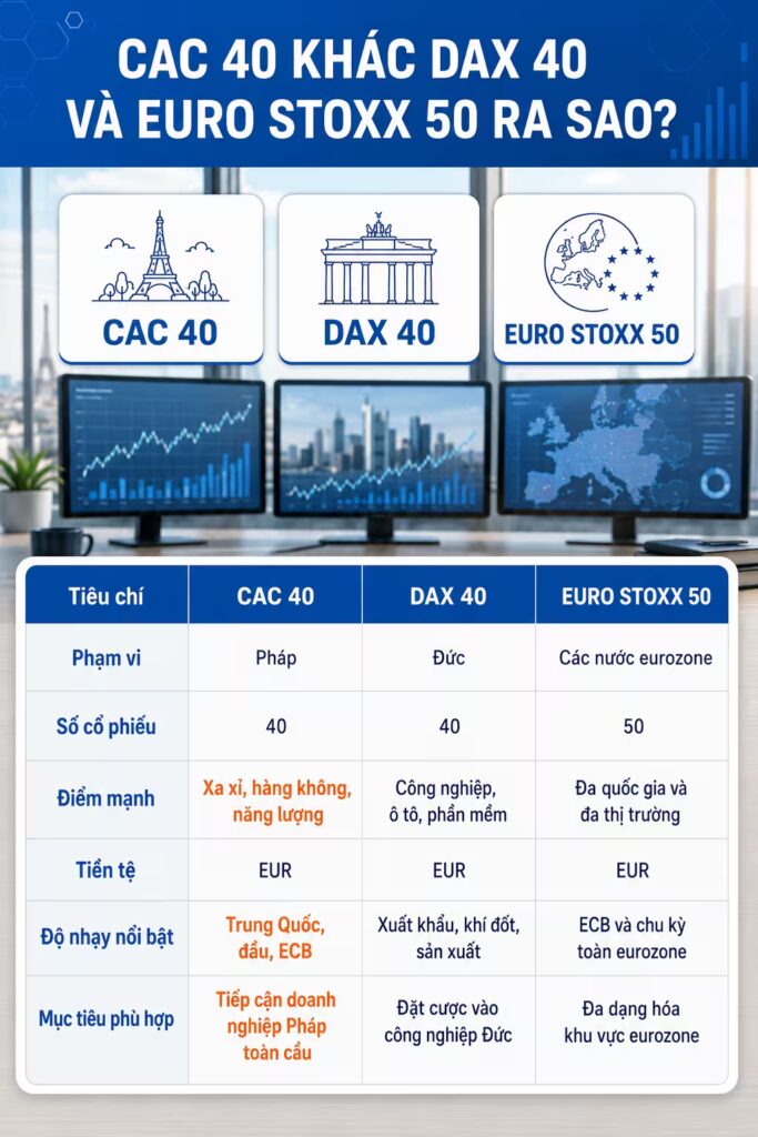 CAC 40 khác DAX 40 và EURO STOXX 50 