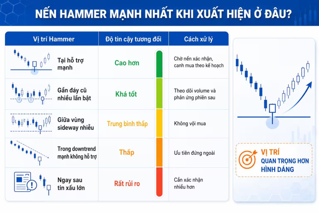 Nến Hammer mạnh nhất khi xuất hiện ở đâu?