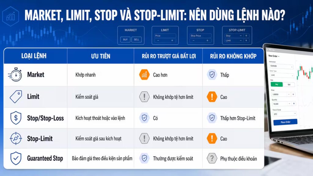 Market, Limit, Stop và Stop-Limit: nên dùng lệnh nào