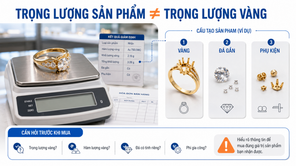 Trọng lượng vàng và trọng lượng sản phẩm có thể khác nhau