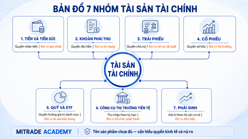 Bản đồ bảy nhóm tài sản tài chính phổ biến và rủi ro chính.