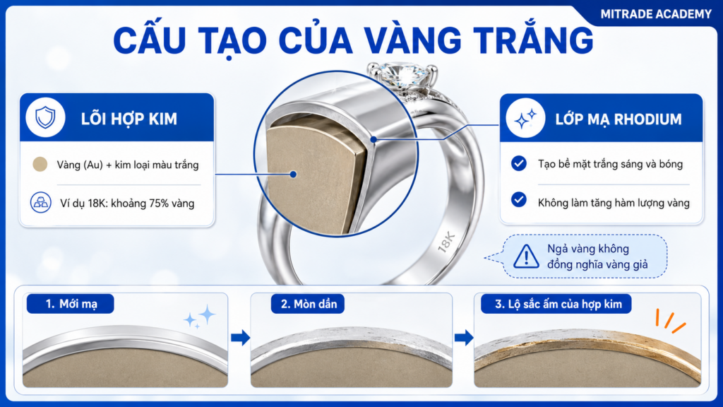 Cấu tạo vàng trắng gồm lõi hợp kim vàng và lớp mạ rhodium.