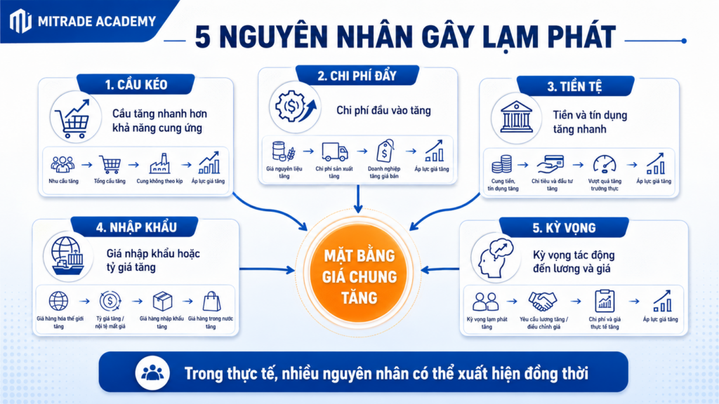 Năm nguyên nhân gây lạm phát gồm cầu kéo, chi phí đẩy, tiền tệ, nhập khẩu và kỳ vọng.