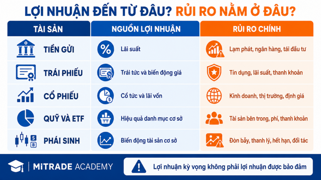 Nguồn lợi nhuận và rủi ro của tiền gửi, trái phiếu, cổ phiếu, quỹ và phái sinh.