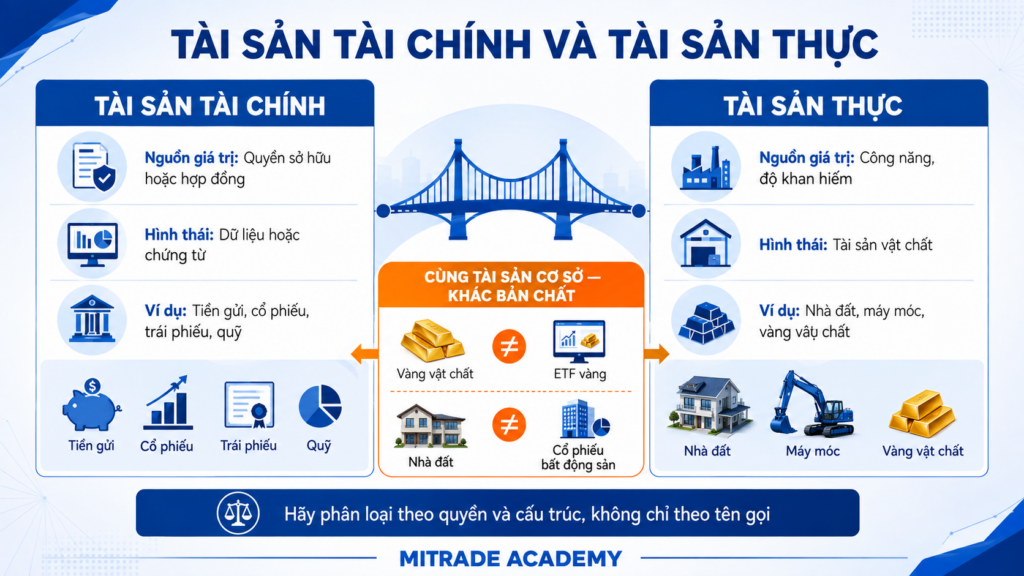 So sánh tài sản tài chính với tài sản thực qua nguồn giá trị và hình thái.