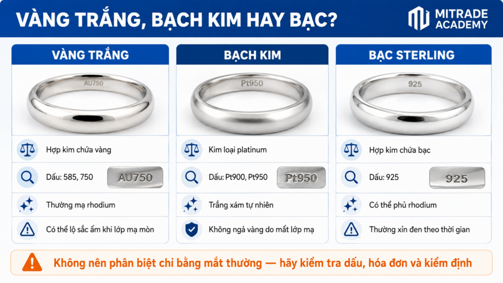 So sánh vàng trắng, bạch kim và bạc Sterling qua thành phần và dấu hàm lượng