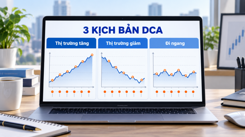 Mô phỏng DCA khi thị trường tăng, giảm và đi ngang