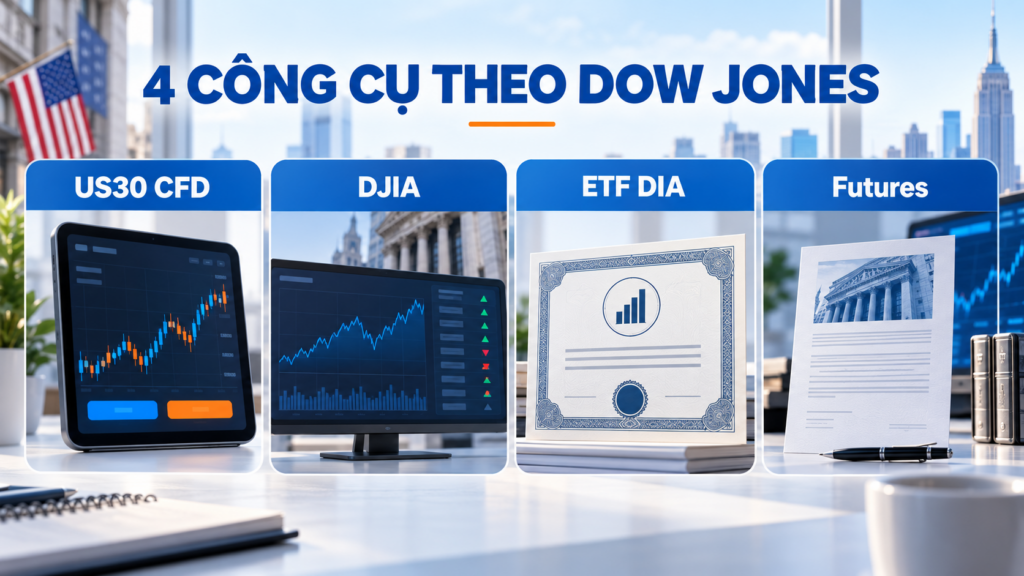 US30 CFD, DJIA, ETF DIA và futures khác nhau thế nào?