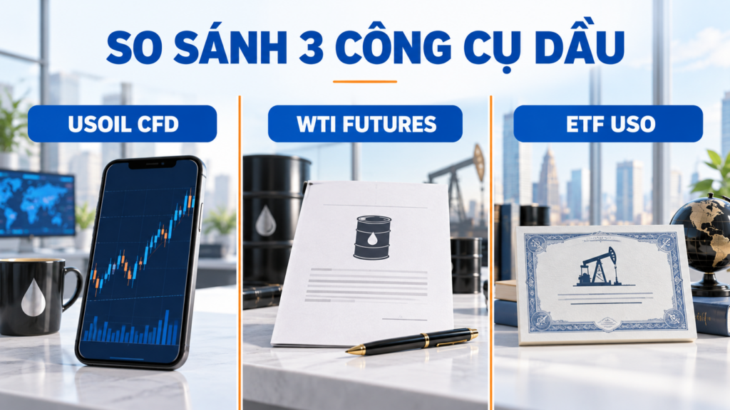 So sánh USOIL CFD, WTI futures và ETF dầu
